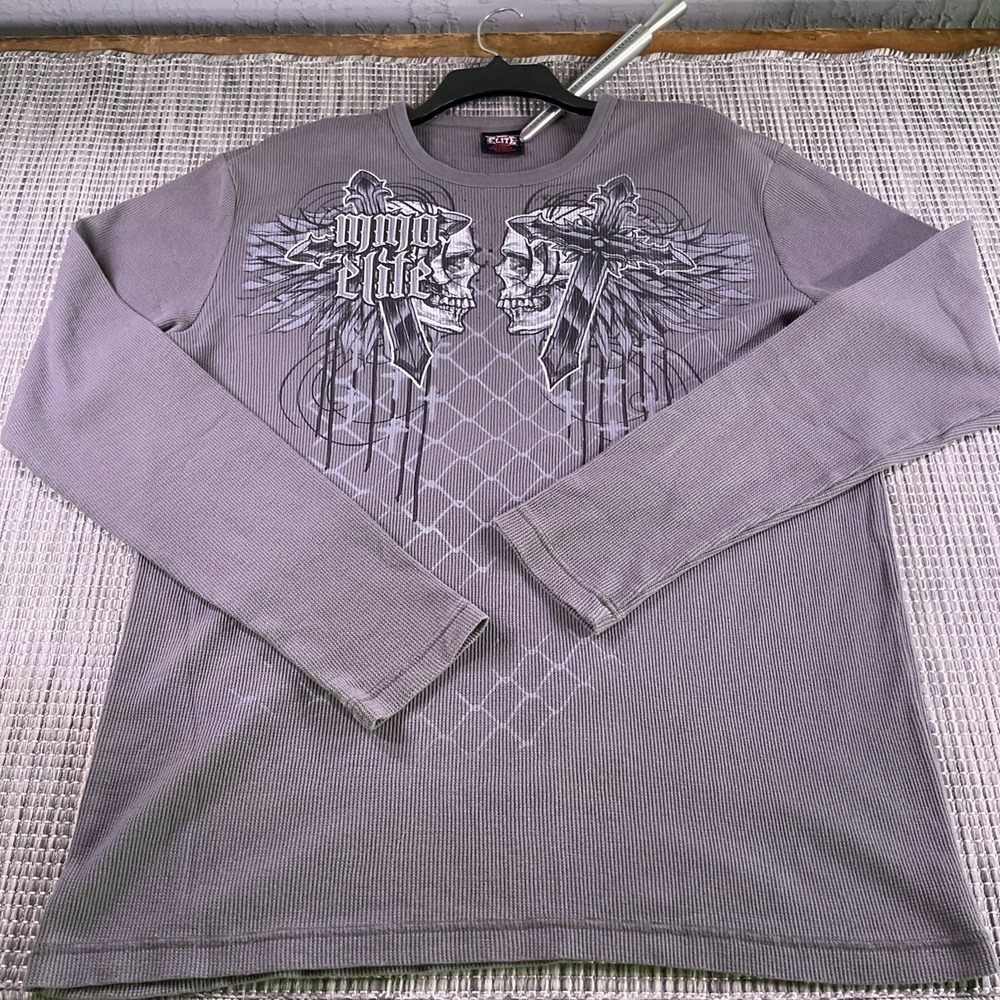MMA Elite Mens Thermal Shirt Gray Graphic Skull Cross Waffle Knit Long Slv XXL